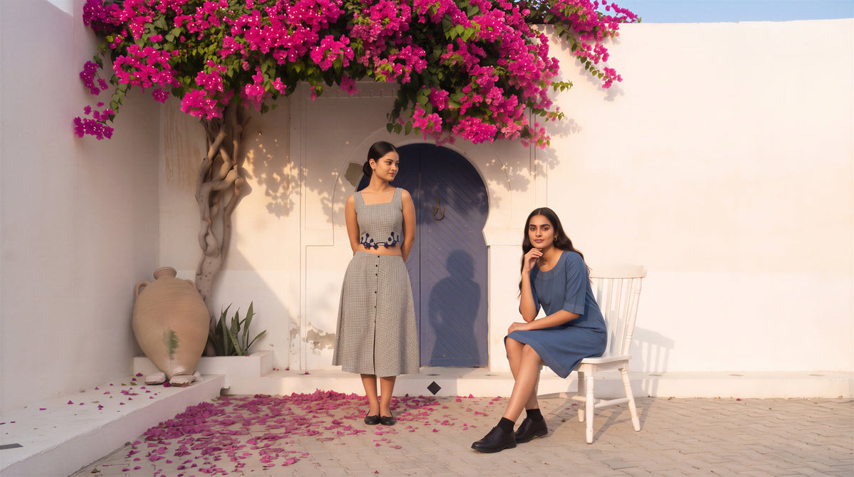 Two women posing outdoors in a Mediterranean-style courtyard with white walls, a blue door, and vibrant pink bougainvillea flowers. One woman stands wearing a sleeveless gray and white striped dress, and the other sits on a white chair wearing a blue dress.