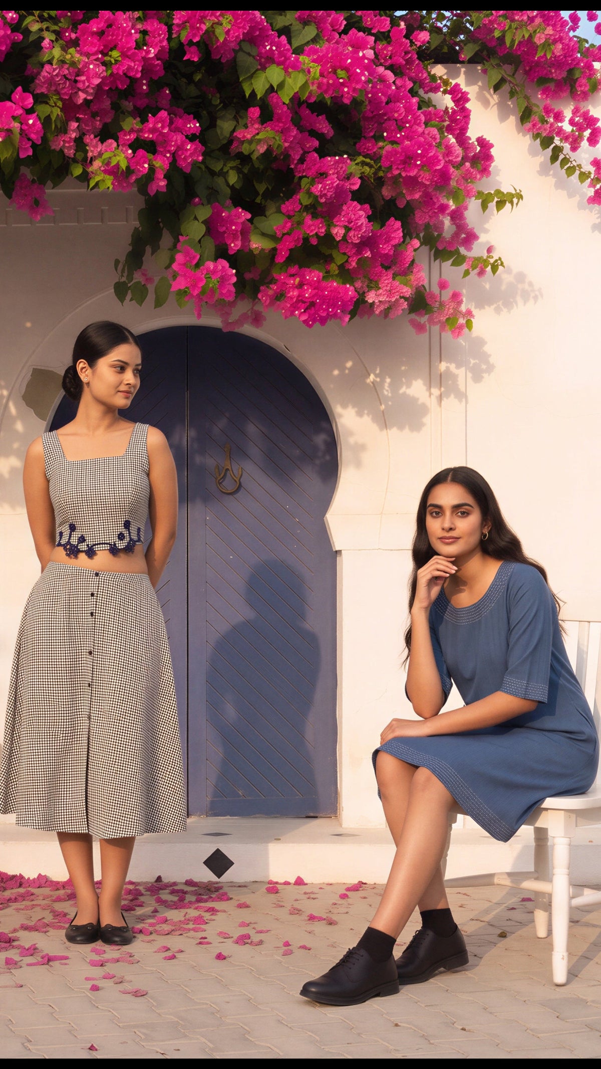 Two women posing outdoors in a Mediterranean-style courtyard with white walls, a blue door, and vibrant pink bougainvillea flowers. One woman stands wearing a sleeveless gray and white striped dress, and the other sits on a white chair wearing a blue dress.